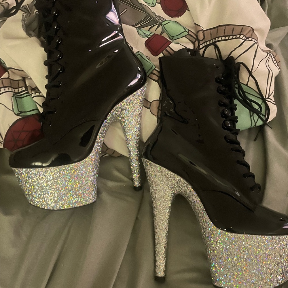Pleaser Black Patent and Silver Glitter Platform Boots